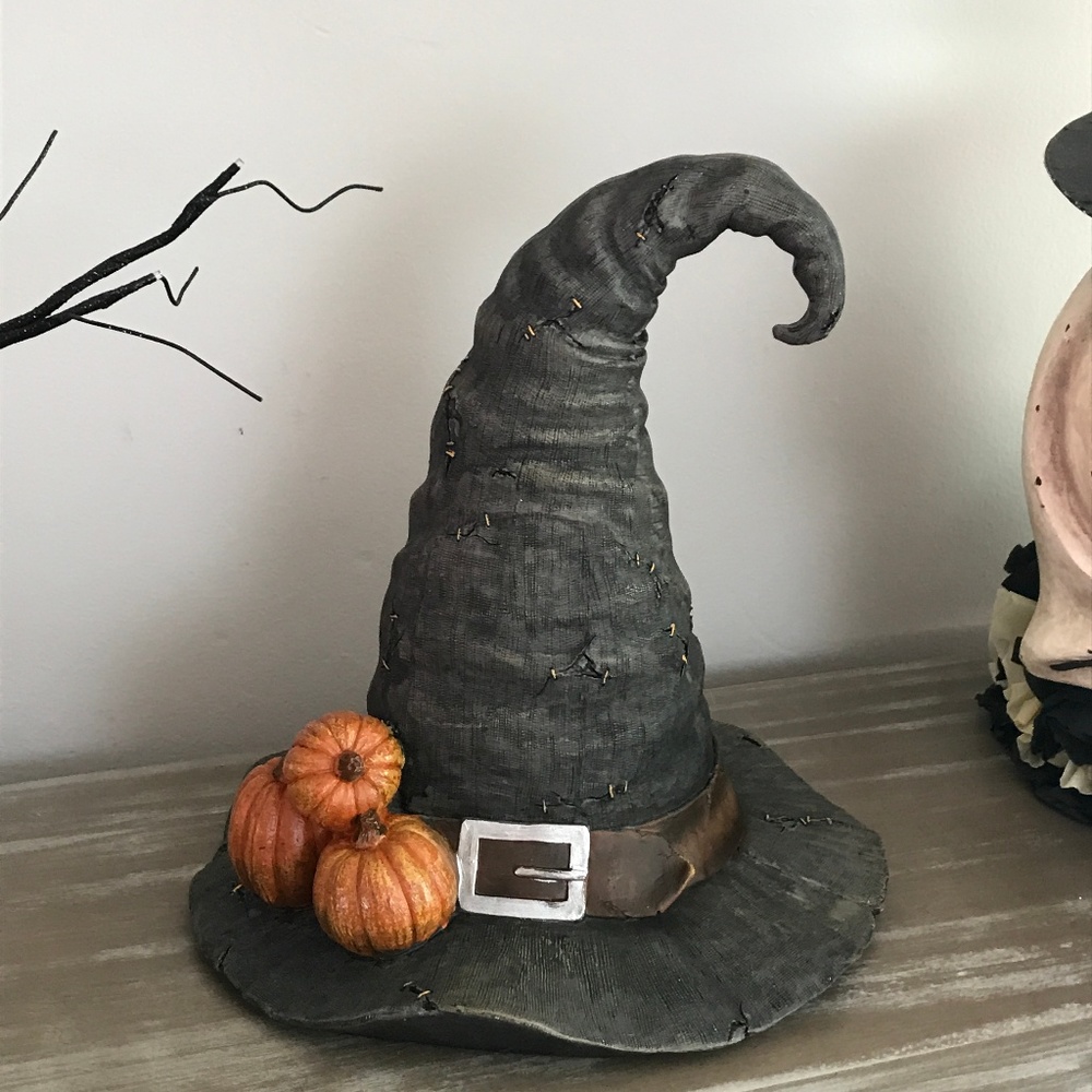Witch Hat Halloween Prop Decor Gray Stitches Pumpkin Centerpiece Resin Large 14"
